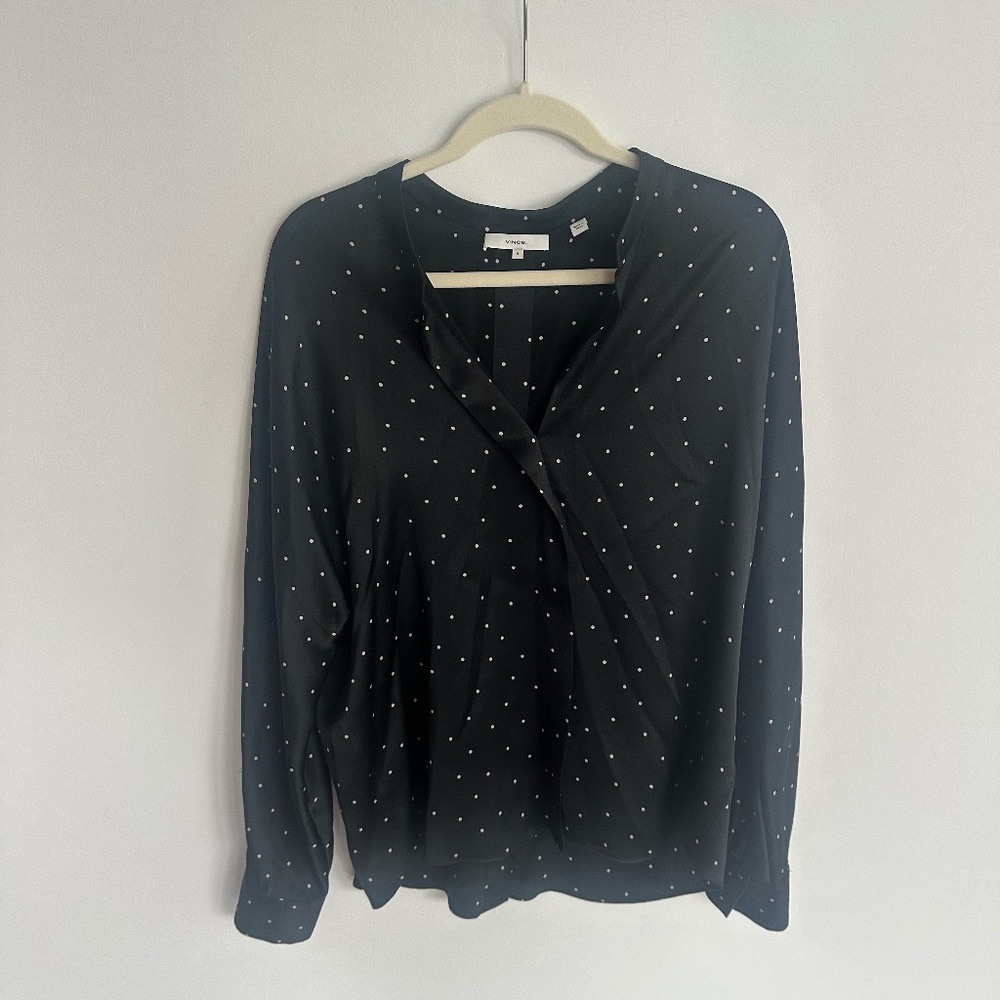 Vince Silk Band-Collar Blouse in Polka Dot